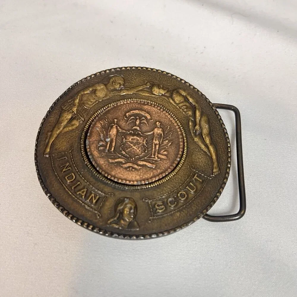 Vintage Indiana Scout Brass Belt Buckle State Seal Copper Tone Western 3 Inch